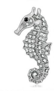 mahi Gleaming Crystal Sea Horse Unisex Lapel Pin Brooch (Silver)