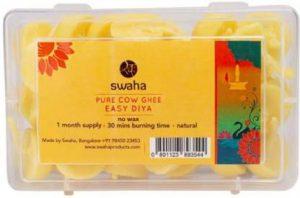SWAHA Cow Ghee Diya (30 Pieces) | 30min Burning Time | Wax Free Cow Ghee Diya for Puja | Cotton Table Diya (Height: 1 inch)