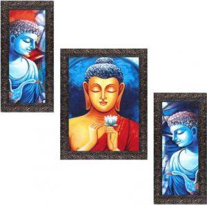 Indianara Set of 3 Gowthama Buddha Framed Art Painting (4095GBN) without glass Digital Reprint 13 inch x 10.2 inch Painting (With Frame, Pack of 3)