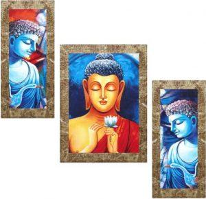 Indianara Set of 3 Gowthama Buddha Framed Art Painting (4095MBR) without glass Digital Reprint 13 inch x 10.2 inch Painting (With Frame, Pack of 3)
