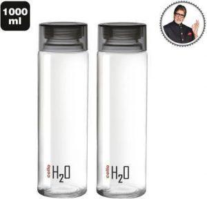 PRAGATI SALES H2O Sodalime Glass Fridge Water Bottle with Plastic Cap ( Set Of 2 - Black ) 1000 ml Bottle (Pack of 2, Black, Plastic)