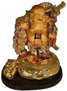 Skyble Feng Shui Laughing Buddha Coin Chain Decorative Showpiece - 11 cm (Polyresin, Gold)