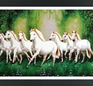 FRIZZY ARTS best Seven horse photo frame | multicolor | Seven white horse photo frame | Seven horse vastu painting | seven horse vastu photo frame Digital Reprint 10 inch x 14 inch Painting (With Frame)