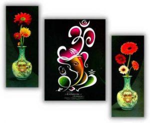Poylaamo 3 Pc Set of Flower and Ganesh Wall Painting Framed Art. FG2 Digital Reprint 12 inch x 18 inch Painting (With Frame, Pack of 3)