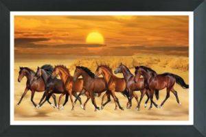FRIZZY ARTS seven brown horse lucky painting | Seven white horse photo frame | Seven white horse photo frame | Seven horse vastu painting | seven horse vastu photo frame Digital Reprint 14 inch x 20 inch Painting (With Frame)