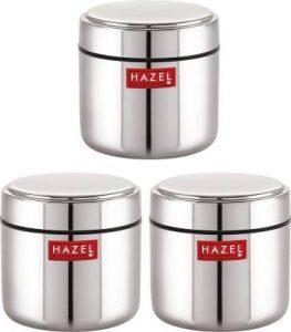 HAZEL Stainless Steel Mini Container Heavy Gauge Premium Airtight Dabbi Dabba Set of 3, 400 ML, Silver - 400 ml Steel Utility Container (Pack of 3, Silver)