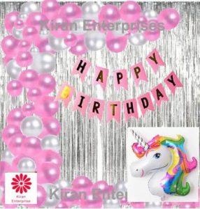 KIRAN ENTERPRISES Solid Happy Birthday Banner Pink+2fringe+ 30 Metallic Balloon+ Unicorn Foil Balloon (Multicolor, Pack of 34)