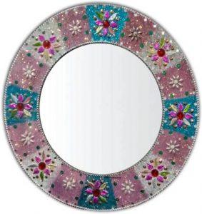 GIG Handicrafts 344 Decorative Mirror (Round Finish : Glitter Powder of Multicolor, Artificial Leafs)