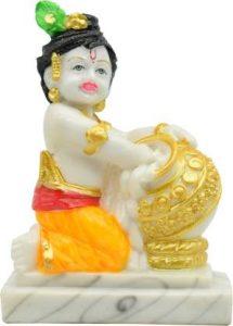Puja N Pujari Makhan Chor Krishna Idol - Little Krishna Murti Idol Showpiece for Home Temple Decorative Showpiece - 13 cm (Polyresin, Multicolor)