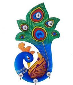 Shiva Arts Peacock designer Wood Key Holder (6 Hooks, Multicolor)