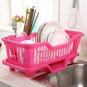 Dewberries 3 in 1 Large Kitchen Sink Dish Rack Drainer Dish Drying Rack Washing Basket with Tray and Cutlery Holder Chopsticks Spoon Organizer Dish Rack Dish Drainer Kitchen Rack (Plastic, Pink)