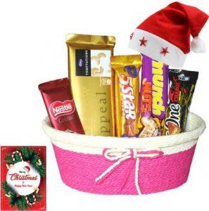SurpriseForU All Time Favourite Chocolates With Beautiful Tie Basket | Christmas Chocolate Gift Hamper | New Year Chocolate Gift | Chocolate Gift | Christmas Gift | Chocolate Gift Hamper Combo (1 Basket , 1 Nestle Classic (18g) , 1 Temptation (72g) , 1 5Star (25g) , 1 Munch (10.1g) Nuts , 1 BarOne (22g) , 1 Christmas Greeting Card, 1 Cap)
