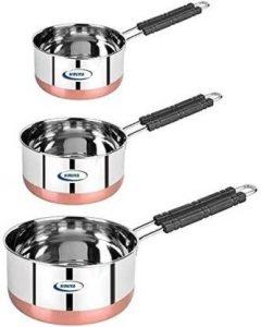Nirvika Stainless Steel Copper bottom Sauce Pan / MILK PAN / TEA PAN 3 pcs COMBO SET Capacity:- 1, 1.5, 2 Liter Sauce Pan 15.5 cm, 17 cm, 19 cm diameter Sauce Pan 15.5 cm, 17 cm, 19 cm diameter 1 L, 1.5 L, 2 L capacity Dish Serving Set (Pack of 3)