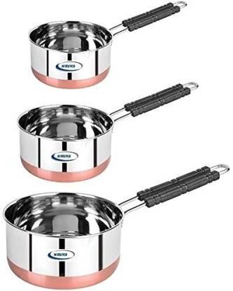Nirvika Stainless Steel Copper bottom Sauce Pan / MILK PAN / TEA PAN 3 pcs COMBO SET Capacity:- 1, 1.5, 2 Liter Sauce Pan 15.5 cm, 17 cm, 19 cm diameter Sauce Pan 15.5 cm, 17 cm, 19 cm diameter 1 L, 1.5 L, 2 L capacity Dish Serving Set (Pack of 3)