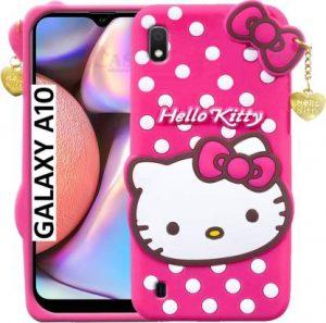 CRodible Back Cover for Samsung Galaxy A10 3D Cute Hello Kitty Soft Silicon Rubber Case With Lucky Golden Pendant (Pink, Shock Proof)