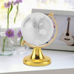VibeX ™V5G - Etched Crystal World Globe On Stand A Brass Colored Base Decorative Showpiece - 6.8 cm (Metal, Crystal, White)