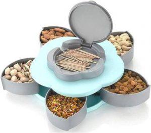 BHISHMA Compartments Flower Candy Box Serving Rotating Tray Dry Fruit, Candy, Chocolate, Snacks Storage Box,Dry-Fruit Serving Bowl Tray for Kitchen with Mobile Stand for Office Desk 1 Piece Spice Set (Plastic) 1 Piece Spice Set (Plastic, White)