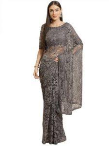Embellished, Self Design, Woven, Solid Bollywood Net Saree (Grey)