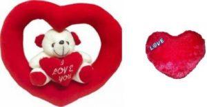 Agnolia Gift Basket Red Love heart cushion with Hanging Red heart Teddy for valentine/anniversary/birthday/girl/boy Soft toy 25 cm - 25 cm (Multicolor)