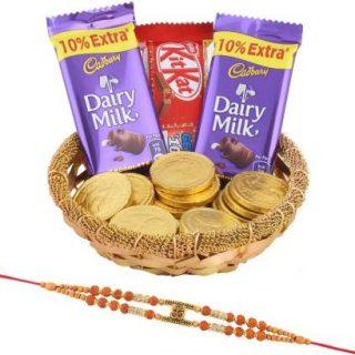 Cadbury Golden Treat Chocolates | Premium Om Rakhi Gift On Blessing Festival | Rakhi With Premium Chocolates | Premium Rakhi Gift | Designer rakhi | PREM OM21333 Combo (1 Golden Katory - 2 Dairy Milk (13.2g) - 1 Kitkat (12.8g) - 5 Gold Coin Chocolates - 1 Premium Om Rakhi)