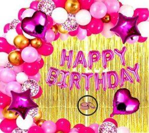 SV Traders Happy Birthday Decoration Pink Golden Theme For Adults/Boys/Girls/Kids/Husband/Wife Combo Kit Of 73 Pcs-Pink Foil HBD(13)+Golden Foil Curtain(1)+Pink Foil 18 Inches(Star 2+Heart 2)+Pink Confetti Balloons(4)+Metallic HD Balloons Pink(20)+Golden(10)+Pastel Pink(20)+Balloon Curling Ribbon(1) (Set of 1)