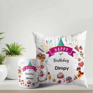 ARTBUG Happy Birthday Dimpy Coffee Cup and Cushion with Filler Combo Name -Dimpy Ceramic Coffee Mug (350 ml, Pack of 2)