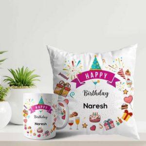 ARTBUG Happy Birthday Naresh Coffee Cup and Cushion with Filler Combo Name - Naresh Ceramic Coffee Mug (350 ml, Pack of 2)