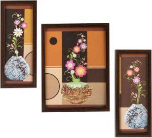 Indianara 3 PC SET OF FLORAL PAINTINGS WITHOUT GLASS 5.2 X 12.5, 9.5 X 12.5, 5.2 X 12.5 INCH Digital Reprint 13 inch x 10 inch Painting (With Frame, Pack of 3)