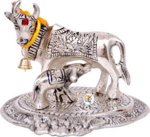 KDT Silver Polished Kamdhenu S Decorative Showpiece - 13 cm (Aluminium, Silver)