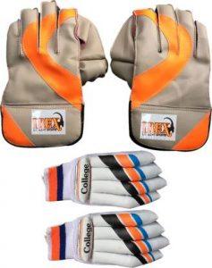 IBEX Basic Orange Colege Wicket Keeping Gloves Combo with Basic College Batting gloves Wicket Keeping Gloves (Creame)