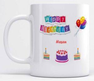Name Hasan Happy Birthday Cherry Cake Printed Ceramic Coffee Mug (325 ml)