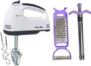 VONITY Scarlett and Lighter and Peeler Scarlett Hand Mixer with 4 Pieces Stainless Blender/Beater for Cake/Cream Mix and Stainless Steel Kitchen Electronic Gas Lighter and Vegetable Cutter with Peeler (Combo of 3pcs.) White, Multicolor Kitchen Tool Set (White, Multicolor, Blender, Gas Lighter)