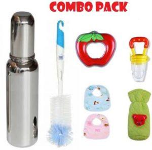 Tomy Tom SILVER Baby Feeding Bottle With Fruit Feeder,Cover, Bibs,Teether,Cleaning Brush - 240 ml (Silver)