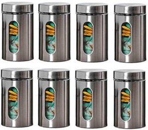 UNIQUEWARE 550ml Stainless Steel Outer Layer Visible Window Air Tight & Leak Proof Steel Lid Crystal Glass Jar Set 550ml Pack of (8 pcs.) - 550 ml Glass Grocery Container (Pack of 8, Silver)