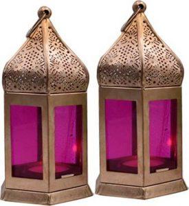 Grostar Tealight Candle Golden Color Lantern with Multicolour Glass | (Golden Lantern with Pink Glass Set of 2) Iron Tealight Holder Set (Pink, Pack of 2)