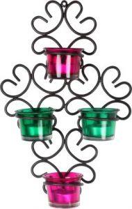 BS AMOR Tealight Candle Holder Metal Floral for Wall Hanging Wall Sconce with Designer Pattern, Transparent Glass 2Pink +2Green Cups for Home Decoration (Pack of 1)… Iron 0 - Cup Tealight Holder (Pink, Green, Pack of 1)