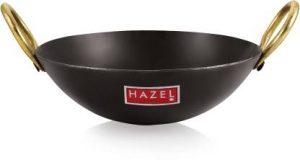 HAZEL Traditional Iron Kadhai Deep Bottom Kadai Frying Kadhai Handmade Loha Lokhand with Golden Handle, 23 cm, 1650 ML Kadhai 23 cm diameter 1.65 L capacity (Iron)