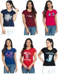 Printed Women Multicolor T-Shirt (Pack of 6)