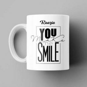 Beautum You make me Smile Raazia Printed White Ceramic Coffee (350)ml, Best Gift for boys, girls, husbands, wives, fiance, fiancee, loved ones, girlfirend, boyfriend, Mom, dad, Grandpa, grandma, grand mother, grand father, mumma papa and Everyone. Model No:BYMS016443 Ceramic Coffee Mug (350 ml)